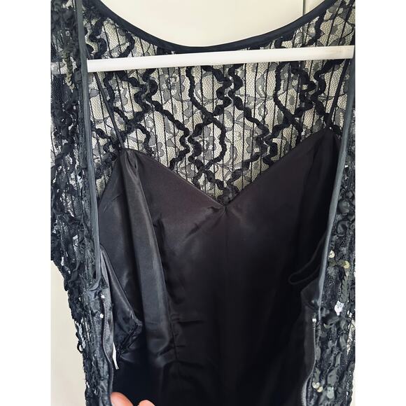 Vintage 80s Formal Party Dress Black Lace Sequin Midi Fit Size Medium Fitted - Picture 10 of 12